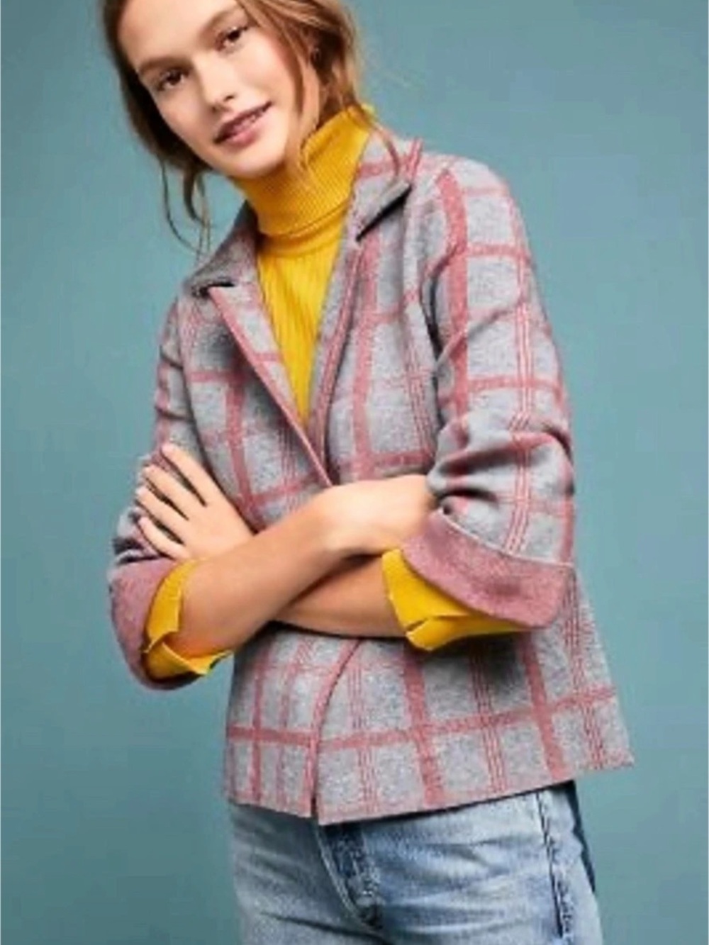 Anthropologie Plaid Sweater Blazer Gray & Pink XS